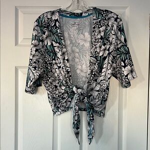 Cuddl Duds Women's Floral Tie-Front Blouse - Black and Green